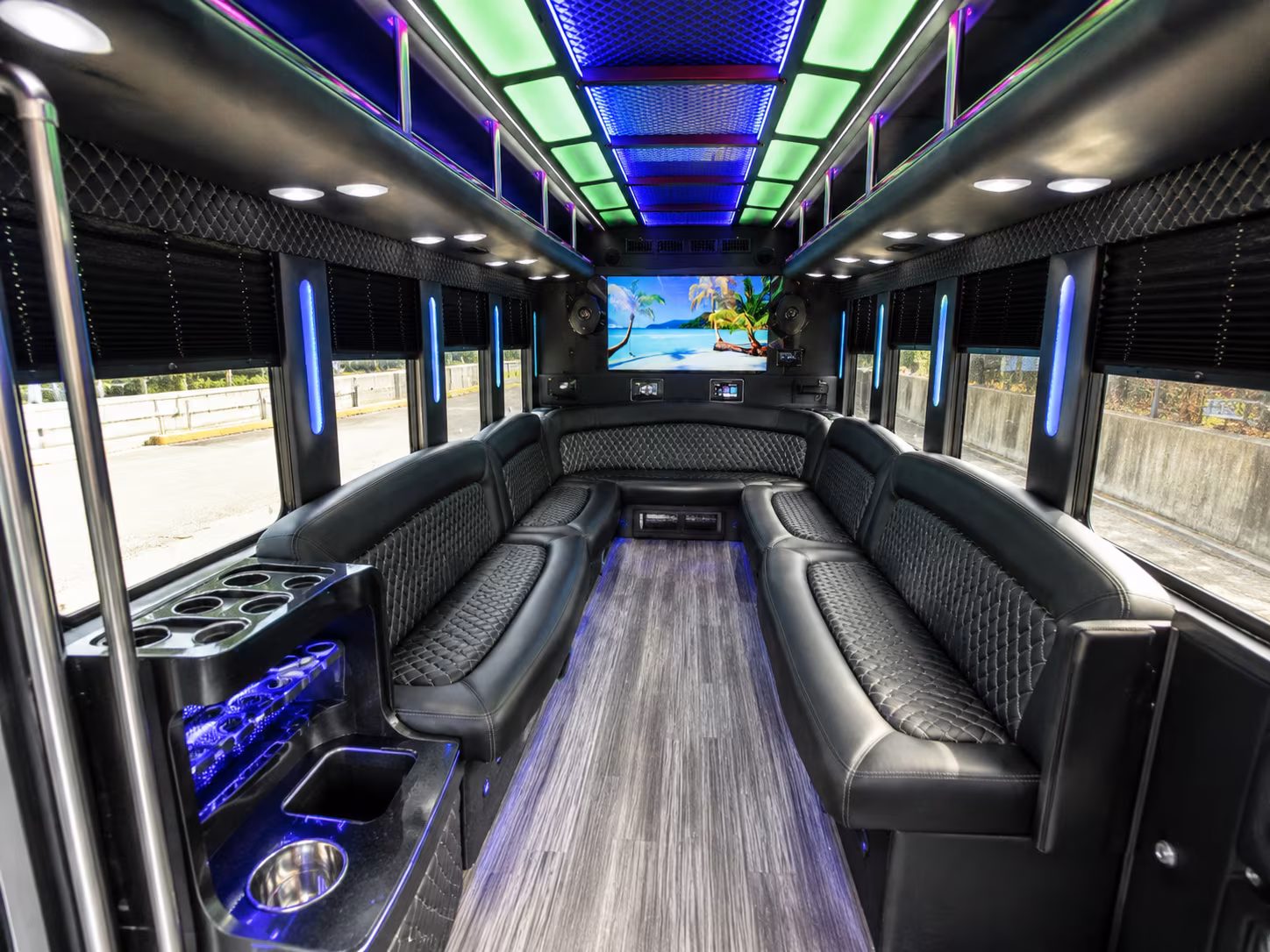 aurora 18 passenger party bus inside