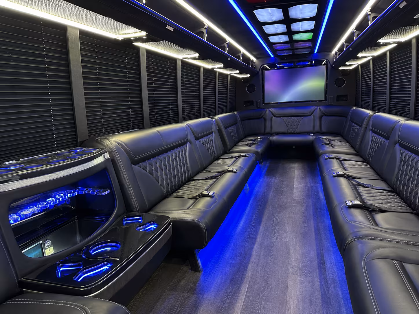 aurora 20 passenger party bus inside