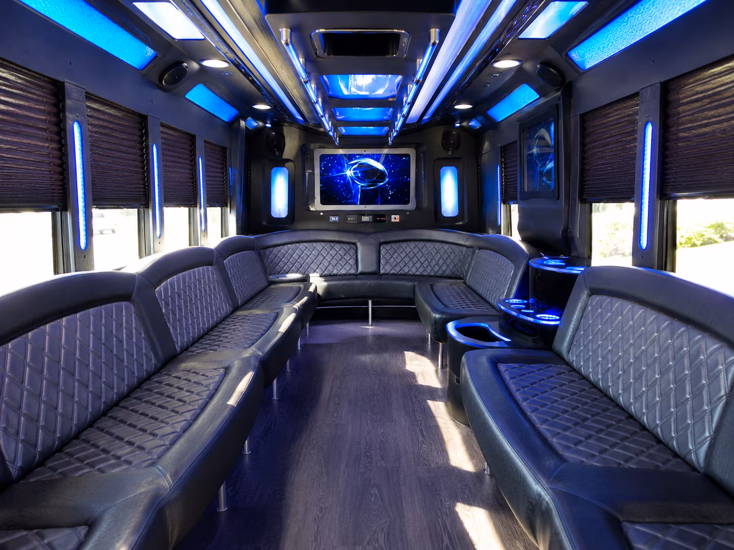 aurora 28 passenger party bus inside