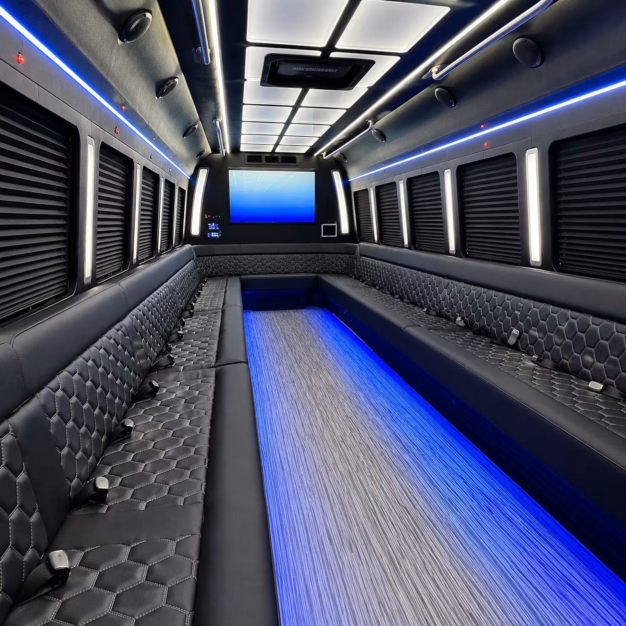 aurora 50 passenger party bus inside